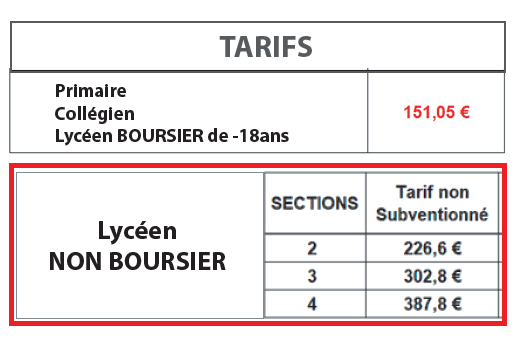 Tarif cartes scolaire CSB
